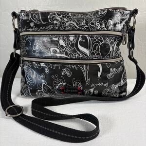 Sakroots Black Silver Peace Crossbody Organizer Bag Triple Zip Adjustable Strap